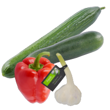 Komkommer, paprika rood, courgette of knoflook